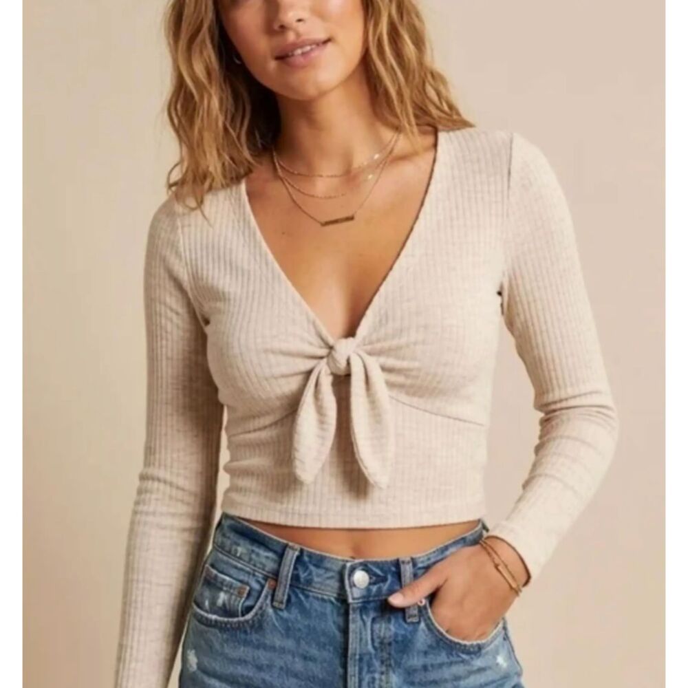 Abercrombie & Fitch XL Ribbed Tie Front Crop Top Oatmeal Long Sleeve Knit